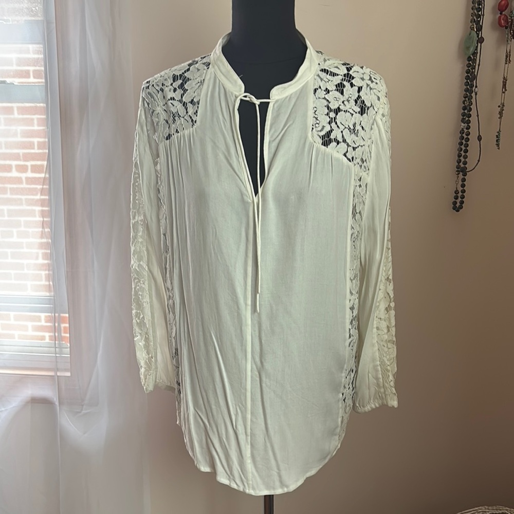 French Connection Cream Lace Mandarin Collar Tunic top blouse